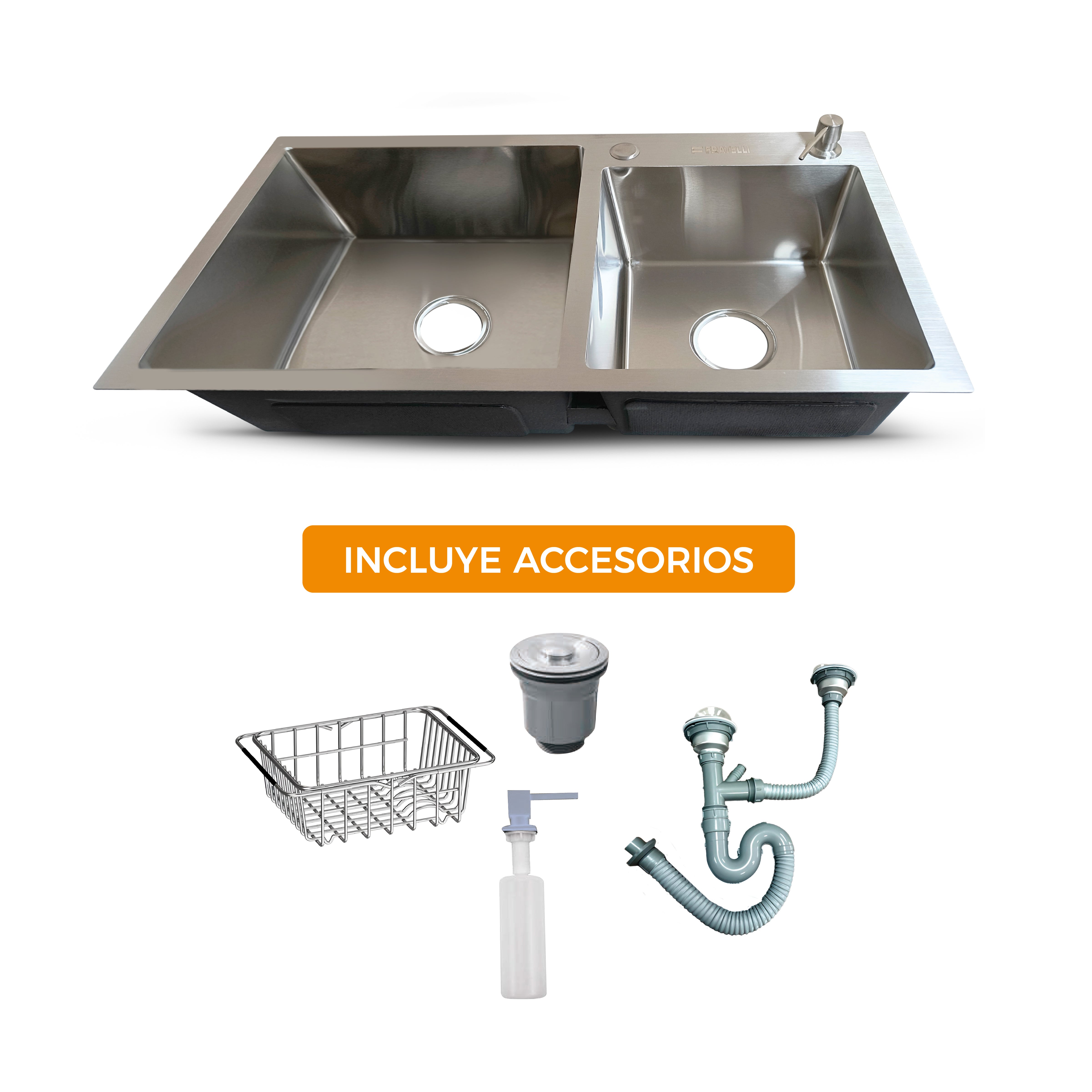 Prm-7843S Lavadero Prime De Acero Inox. Satinado Doble Poza C/Acces. 78X43X23Cm - Fratelli